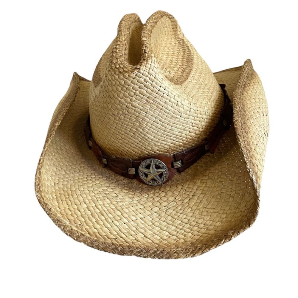(SOLD) BULLHIDE Tan Woven Straw Western Cowboy Hat L - Picture 1 of 15